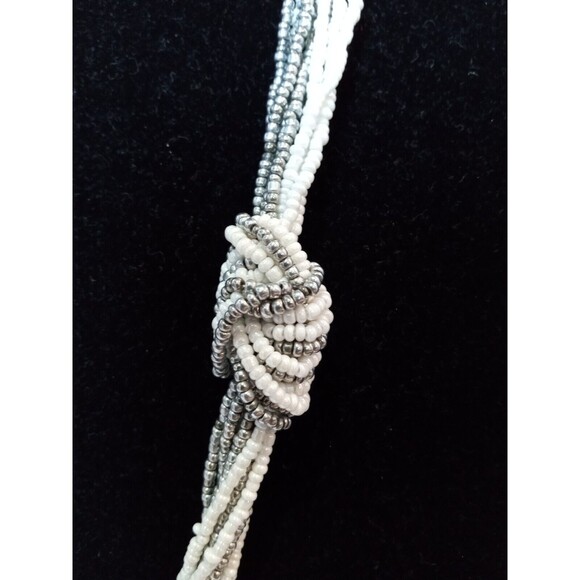 Metallic Multistrand Silver & White Seed Beaded & Knotted Necklace 30"-33" - Picture 6 of 7
